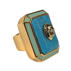 Kurt Geiger London Eagle Head Turquoise Enamel Gold Tone Cocktail Ring Size 6.5
